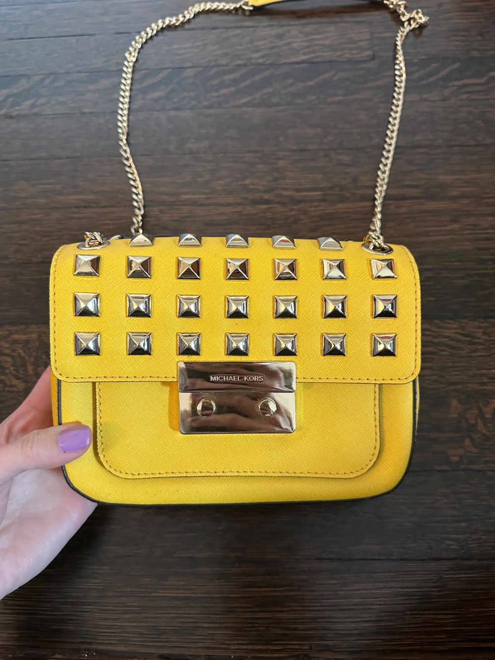 Michael Kors Yellow Studded Leather Chain Shoulder Crossbody